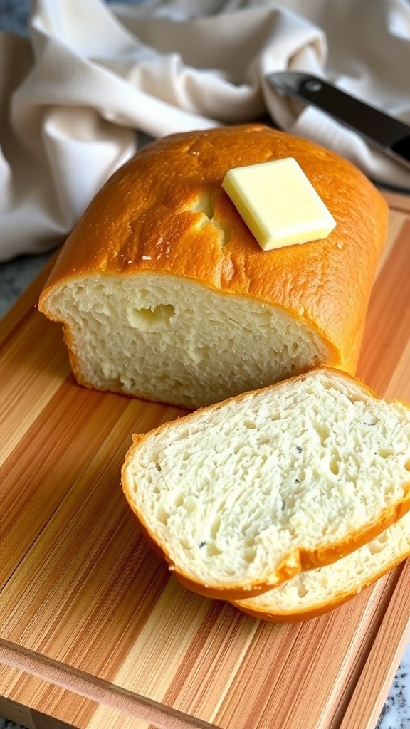 Freshly baked homemade sandwich bread loaf with slices on a cutting board, showcasing its soft texture.